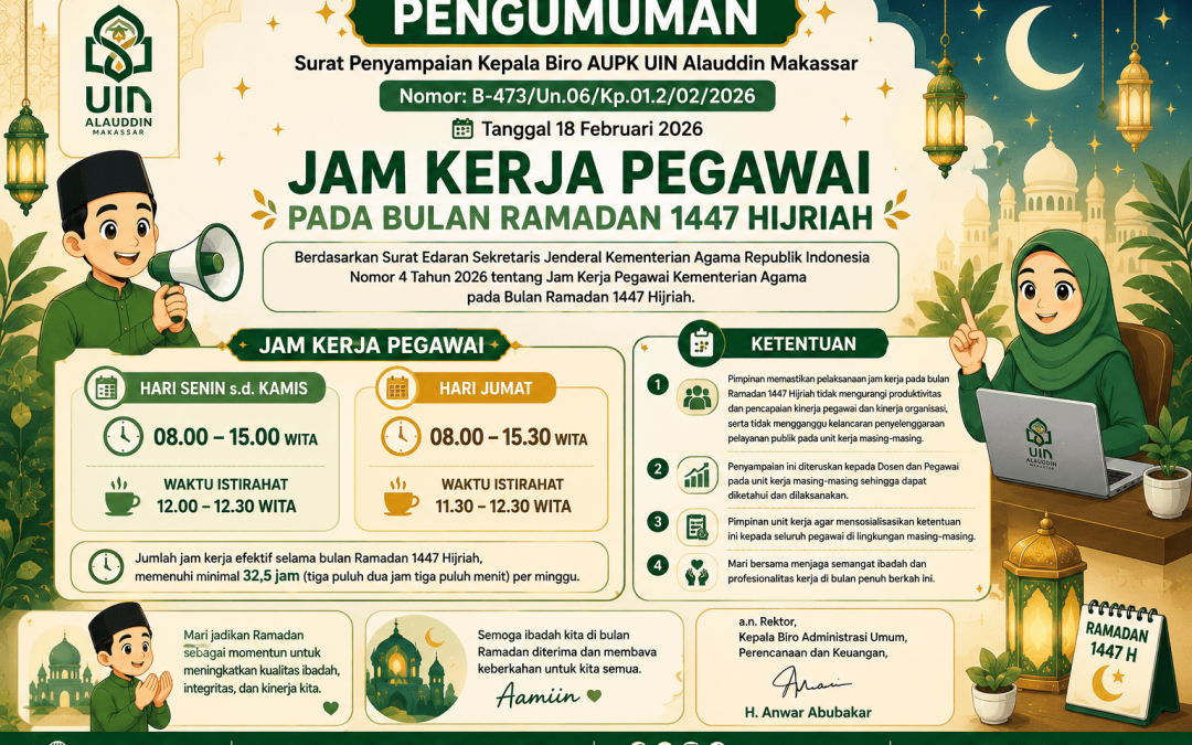 Pengumuman Jam Kerja Pegawai UIN Alauddin Makassar pada Bulan Ramadan 1447 H