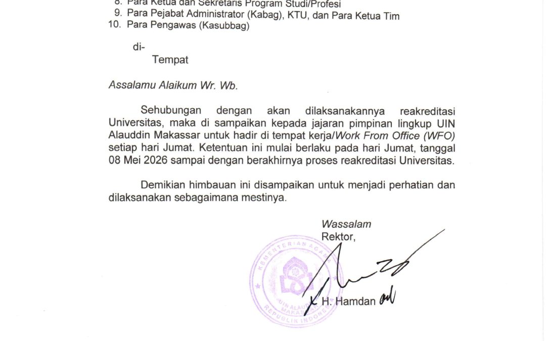 UIN Alauddin Makassar Terapkan WFO Setiap Hari Jumat Selama Proses Reakreditasi